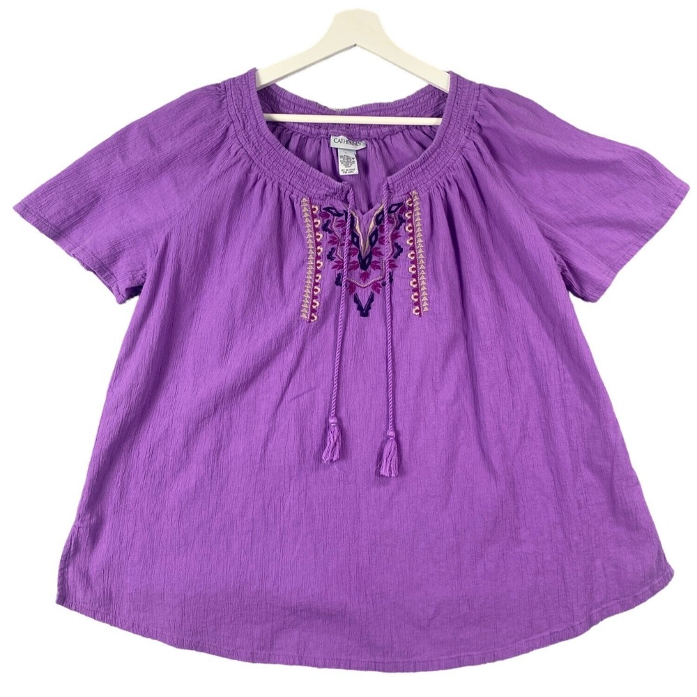 Catherines Womens Folk Romantic Cottagecore Peasant Blouse 1X Purple Embroidered